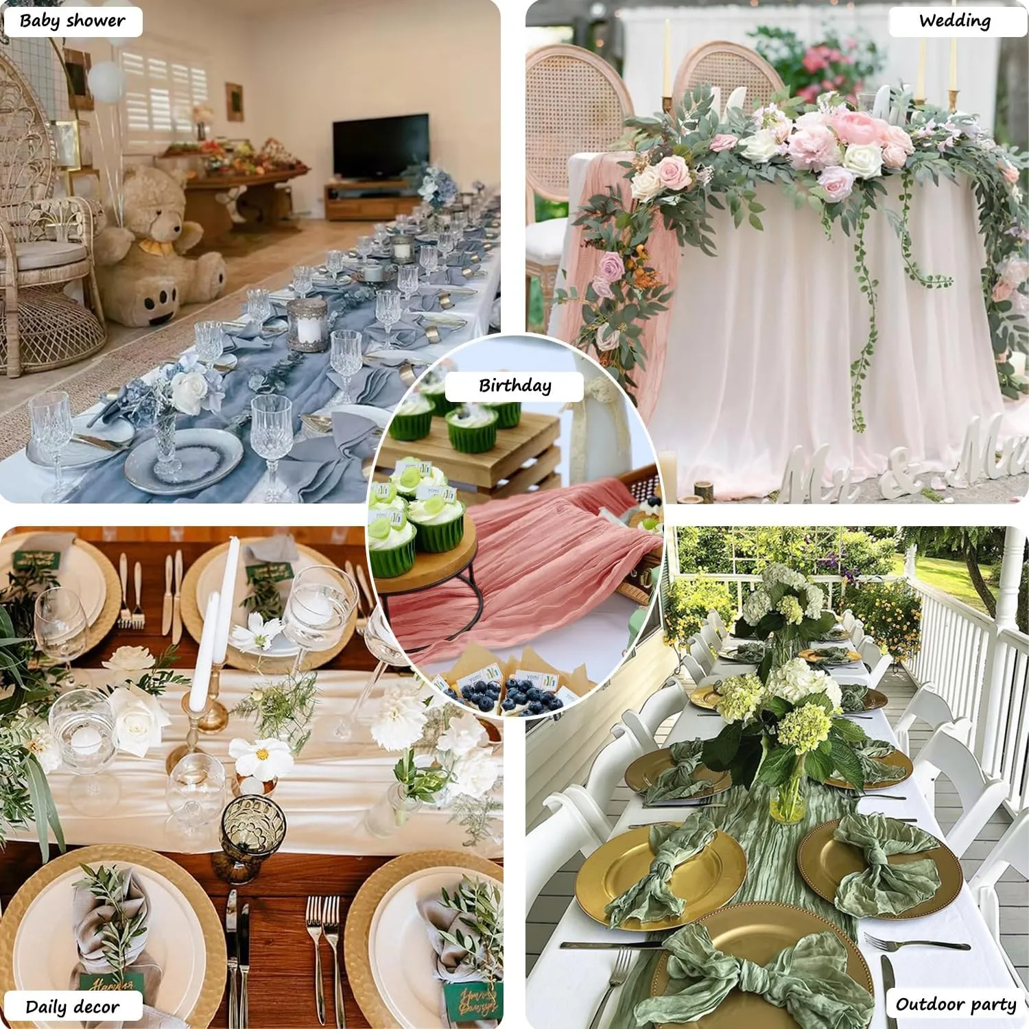 Booque Valley 6 Pack Dusty Blush Cheesecloth Table Runner 10ft Super Soft Boho Wrinkled Gauze Sheer Cloth for Baby Shower Baptism Birthday Party Wedding Centerpiece Table Decoration, 35x120 Inch