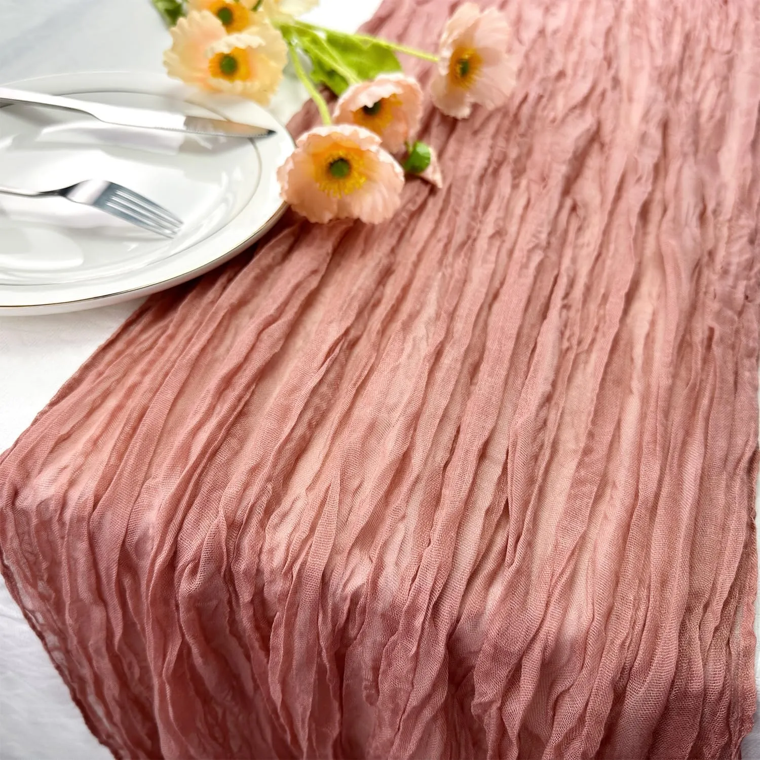 Booque Valley 6 Pack Dusty Blush Cheesecloth Table Runner 10ft Super Soft Boho Wrinkled Gauze Sheer Cloth for Baby Shower Baptism Birthday Party Wedding Centerpiece Table Decoration, 35x120 Inch