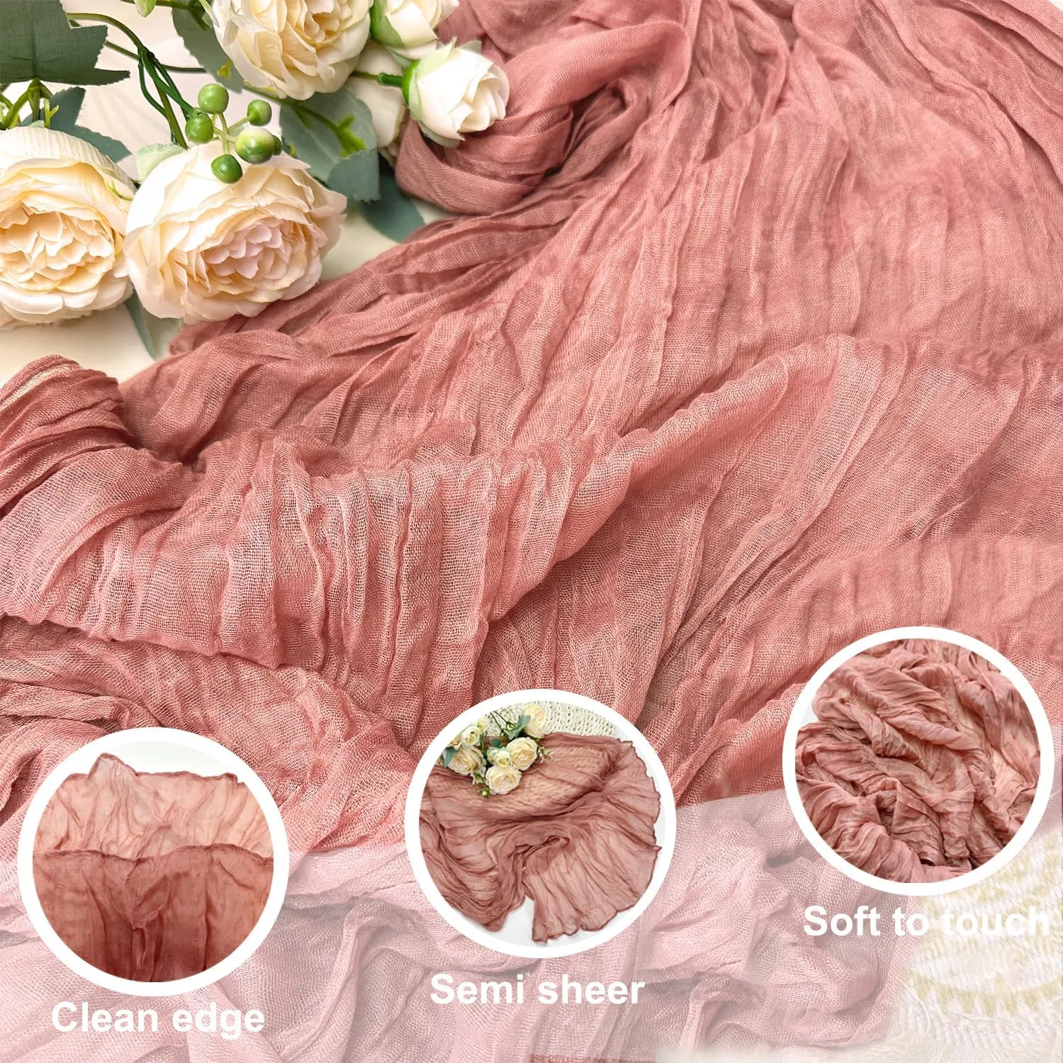 Booque Valley 6 Pack Dusty Blush Cheesecloth Table Runner 10ft Super Soft Boho Wrinkled Gauze Sheer Cloth for Baby Shower Baptism Birthday Party Wedding Centerpiece Table Decoration, 35x120 Inch