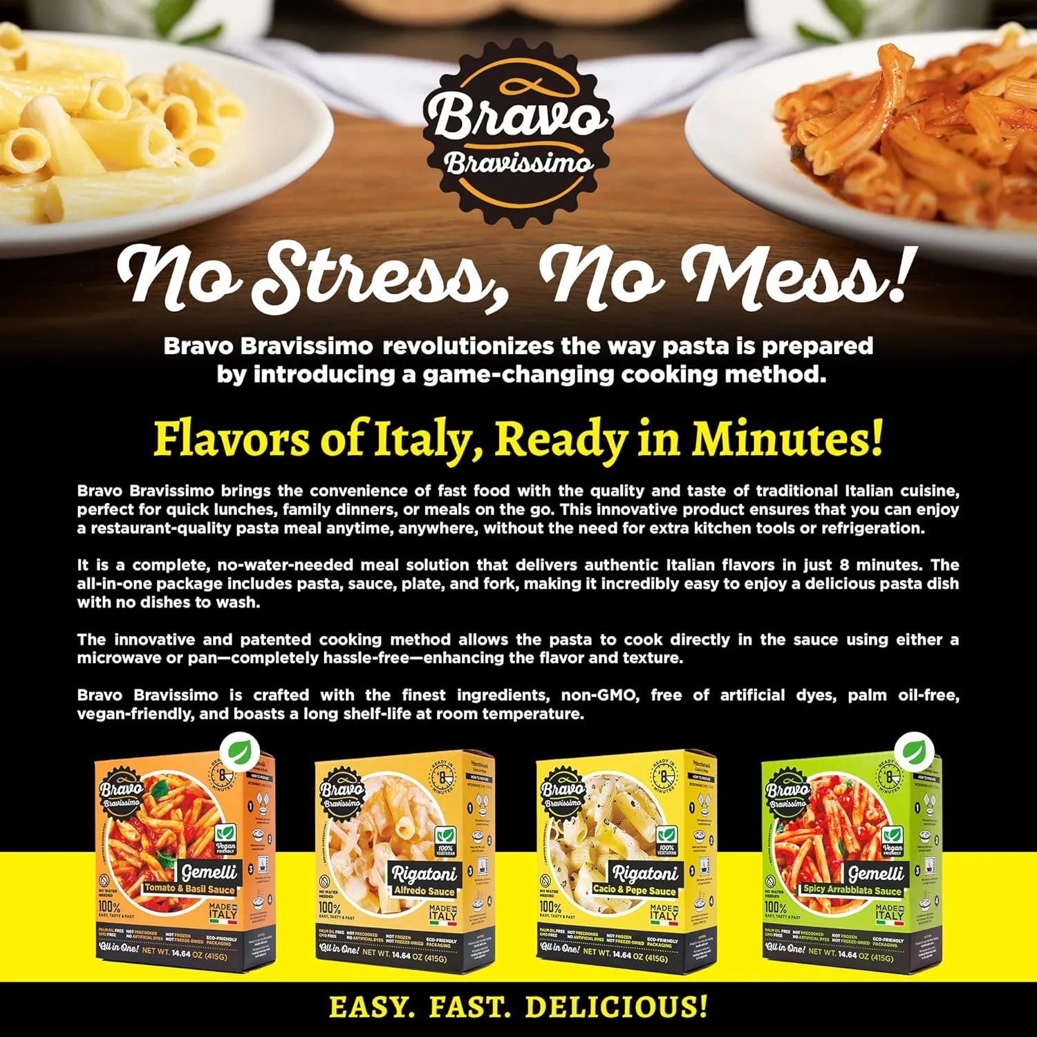 Bravo Bravissimo Italian Pasta Meal Variety Pack – Gourmet, Vegetarian & Vegan-Friendly, Microwaveable, Shelf-Stable, Ready in Minutes, No Refrigeration Needed – 6 Pack