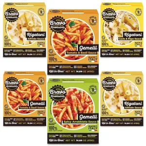 Bravo Bravissimo Italian Pasta Meal Variety Pack – Gourmet, Vegetarian & Vegan-Friendly, Microwaveable, Shelf-Stable, Ready in Minutes, No Refrigeration Needed – 6 Pack