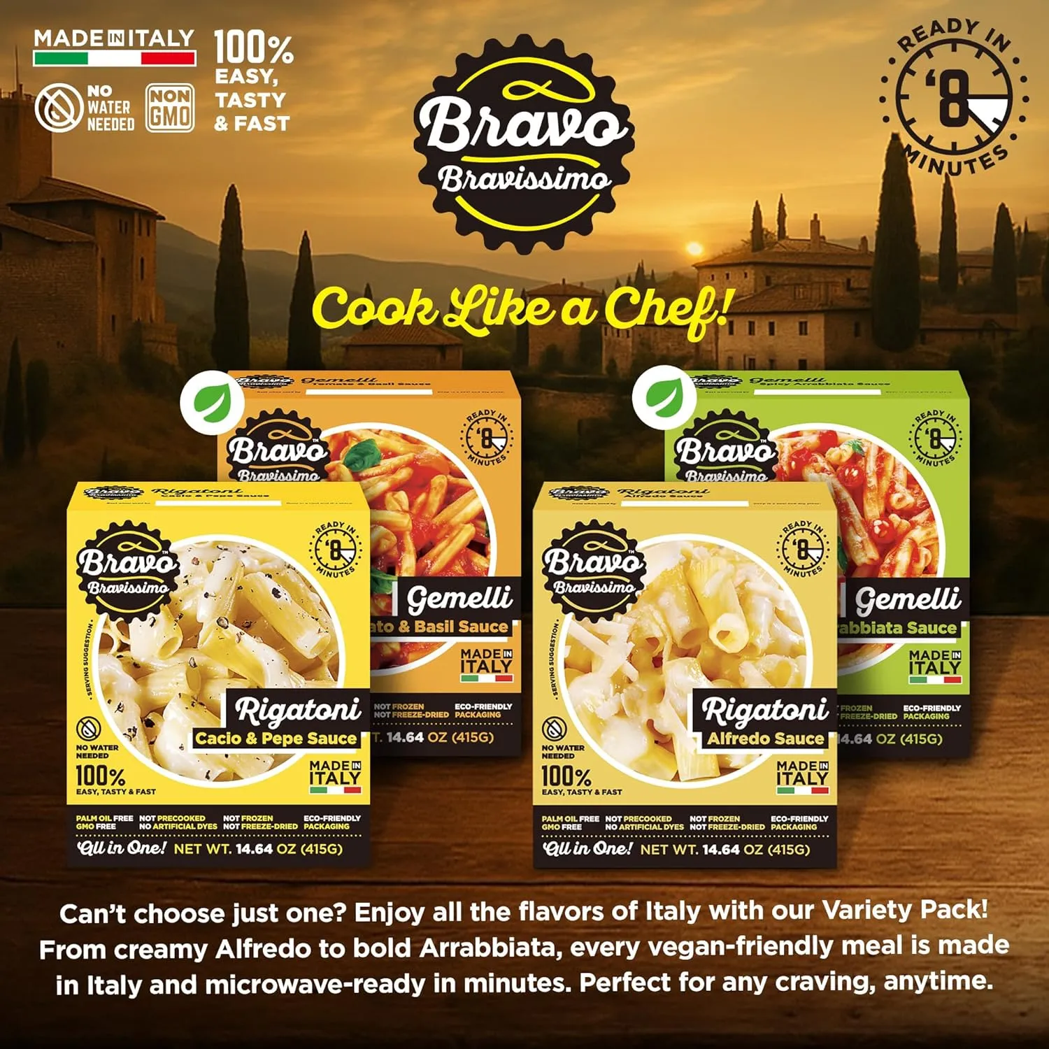 Bravo Bravissimo Italian Pasta Meal Variety Pack – Gourmet, Vegetarian & Vegan-Friendly, Microwaveable, Shelf-Stable, Ready in Minutes, No Refrigeration Needed – 6 Pack