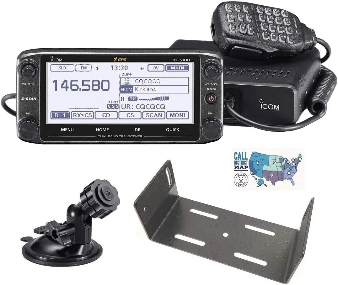 Bundle - 4 Items - Includes Icom ID-5100A Deluxe VHF/UHF D-Star Transceiver, MBF-1 Control Head Suction Cup Base, MBF-4 Main Body Mounting Bracket and Ham Guides TM Quick Reference Card