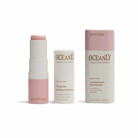 Bundle of ATTITUDE Oceanly Lightweight Blush Stick, Titanium Dioxide-Free, EWG Verified, Plastic-Free, Vegan & Cruelty-free Makeup, Silky Pink, 0.3 Oz   Sheer Lip Gloss Stick, Silky Pink, 0.12 Oz
