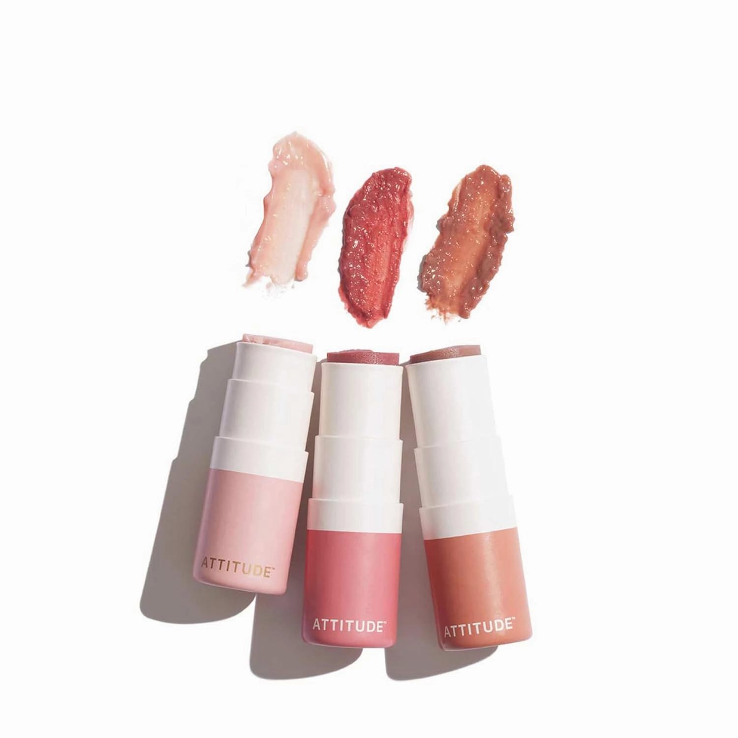 Bundle of ATTITUDE Oceanly Plastic-Free Sheer Lip Gloss Sticks, Titanium Dioxide-Free, EWG Verified, Vegan & Cruelty-free Makeup, Silky Pink 0.12 Ounces   Ginger 0.12 Ounces   Happy Berry 0.12 Ounces