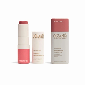 Bundle of ATTITUDE Oceanly Sheer Lip Gloss, Titanium Dioxide-Free, EWG Verified, Plastic-Free, Vegan & Cruelty-free Makeup, Happy Berry, 0.12 Oz   Lightweight Blush Stick, Happy Berry, 0.3 Oz