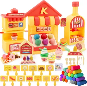 Burger Shop Color Dough Set, 69PCS Kitchen Creations Toys, Play Store Counter Set with Ice Cream Maker, Hamburger Food Molds, Pretend Play Kit for Toddlers Kids Girls Ages 3-5 (24 Doughs)