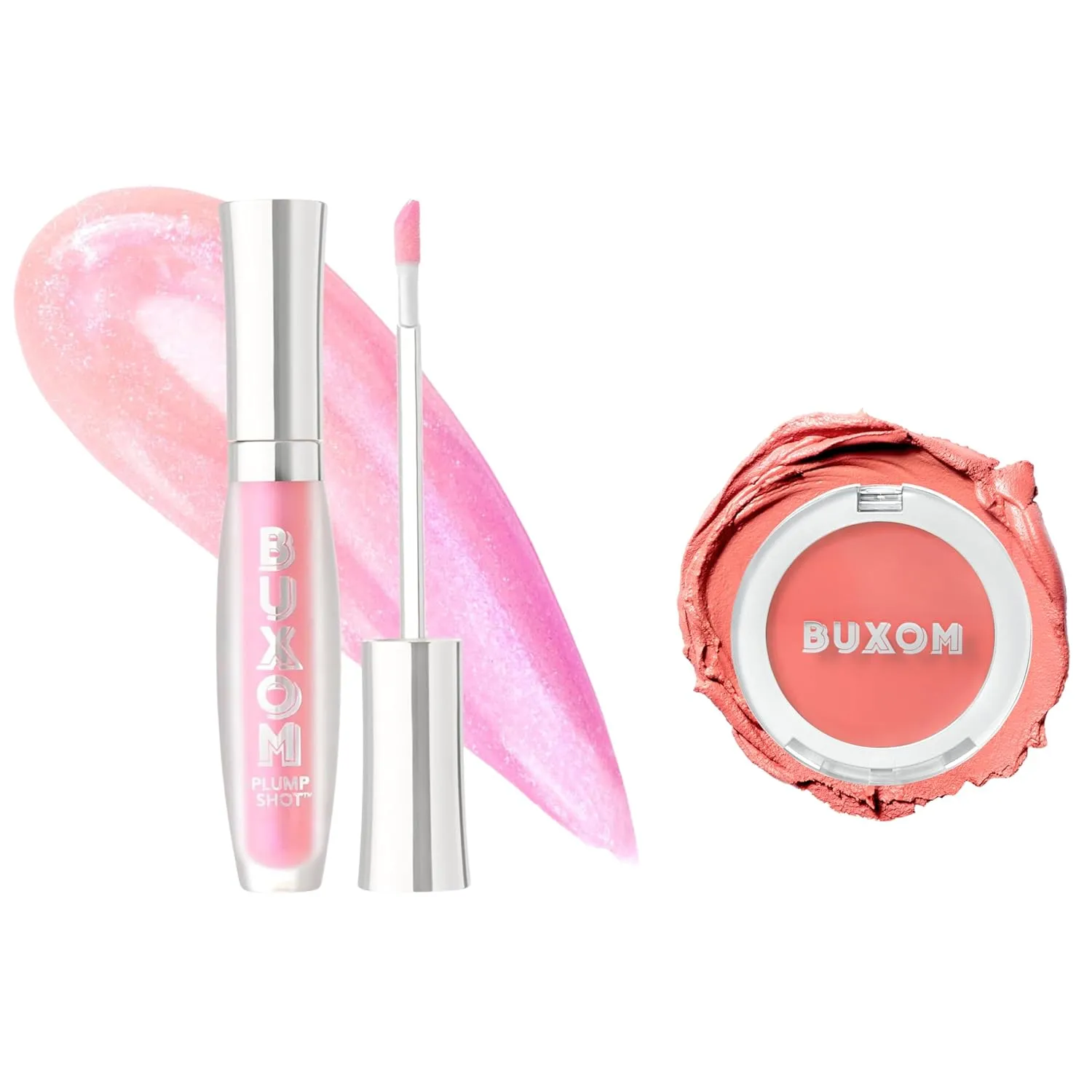 Buxom Plump Shot Collagen-Infused Lip Serum in Spellbound Pink Multichrome   Plump Shot Collagen Peptides Plumping Cream Blush, Cream-to-Powder Blush in shade Coral Sheer