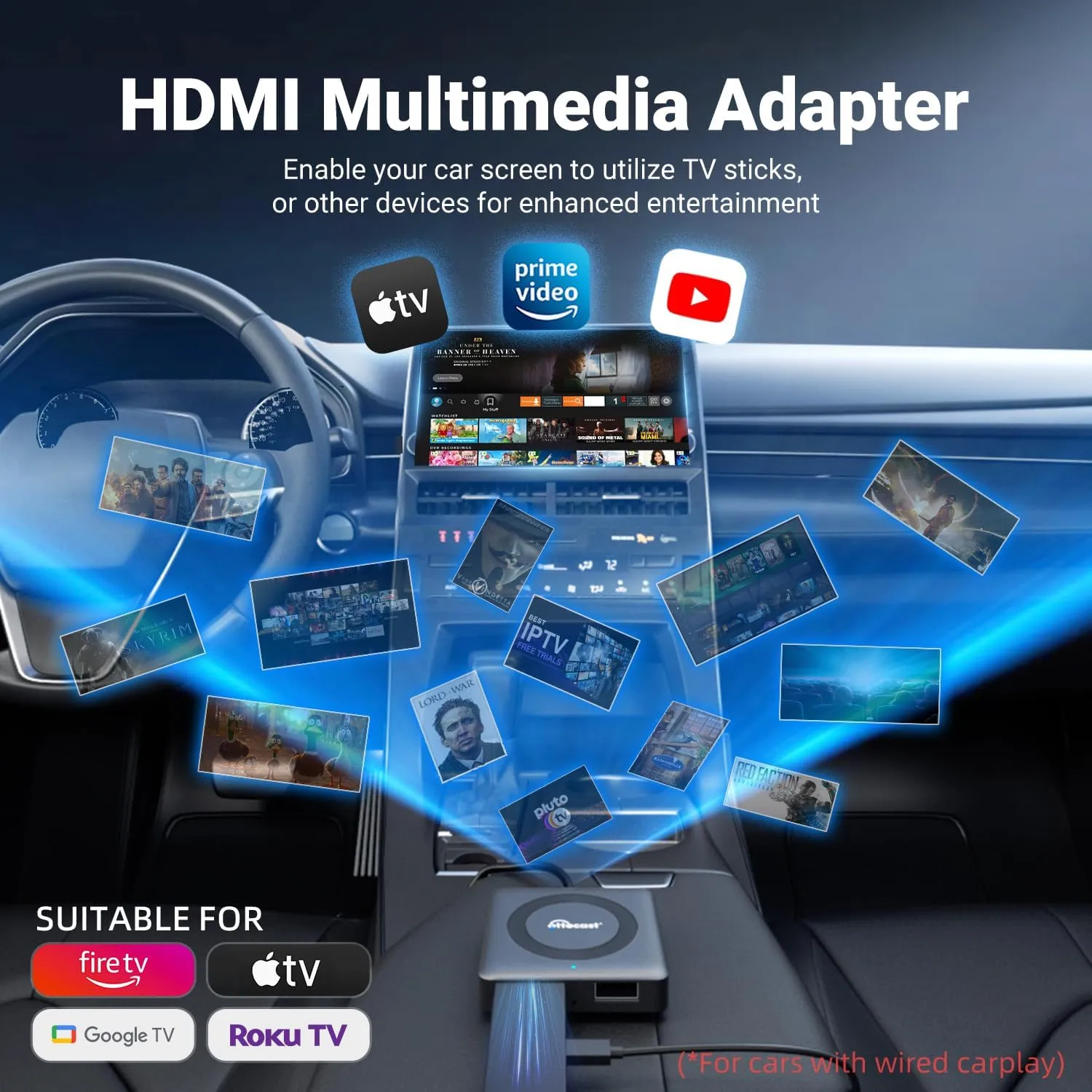 Car TV Mate - Plug & Play, Stable Fast, No Latency - Compatible with Fire TV Stick, SetTop Box, Switch, etc - HDMI to USB Port Converter for The OEM Factory CarPlay Cars