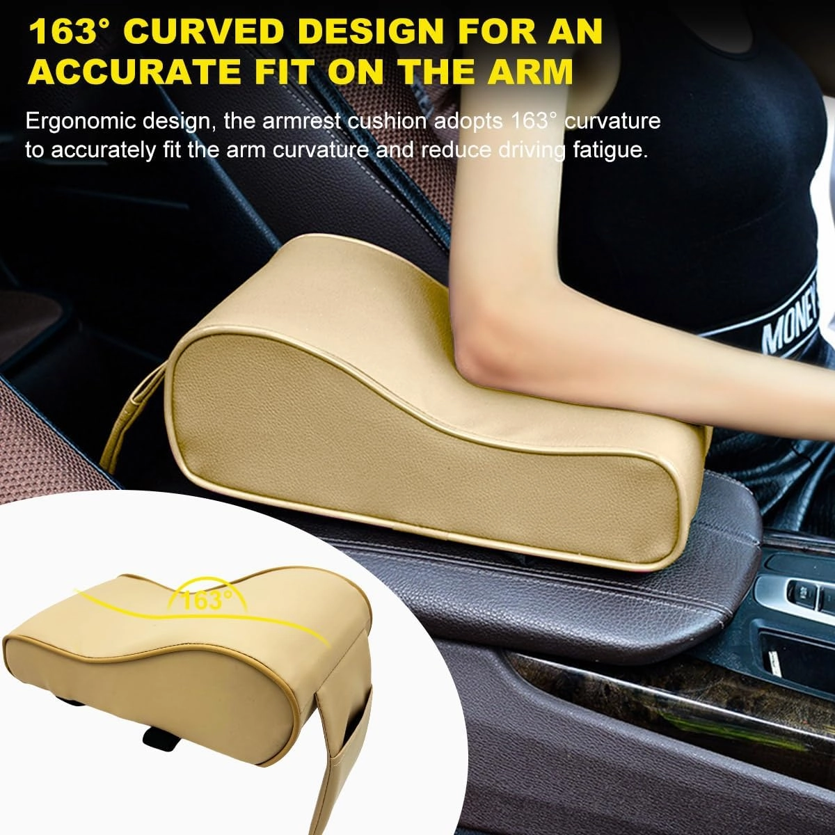 Car Armrest Cushion, Soft Memory Foam Auto Armrest Pillow with Storage Bag, Leather Center Console Arm Rest Padded Cushion with Phone Holder, Universal Car Accessories (Beige)