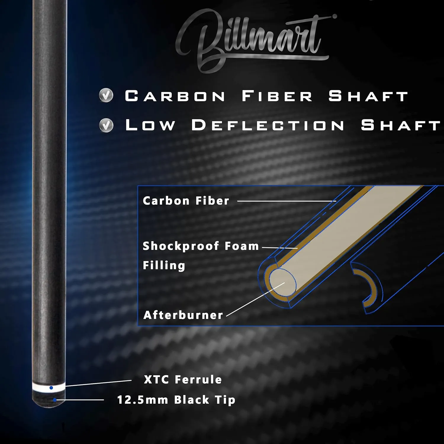 Carbon Fiber Pool Cue Stick, Low Deflection Shaft Billiard Cue Sticks with Hard Case, Pool Table Sticks Queue, 19 oz Pool Que