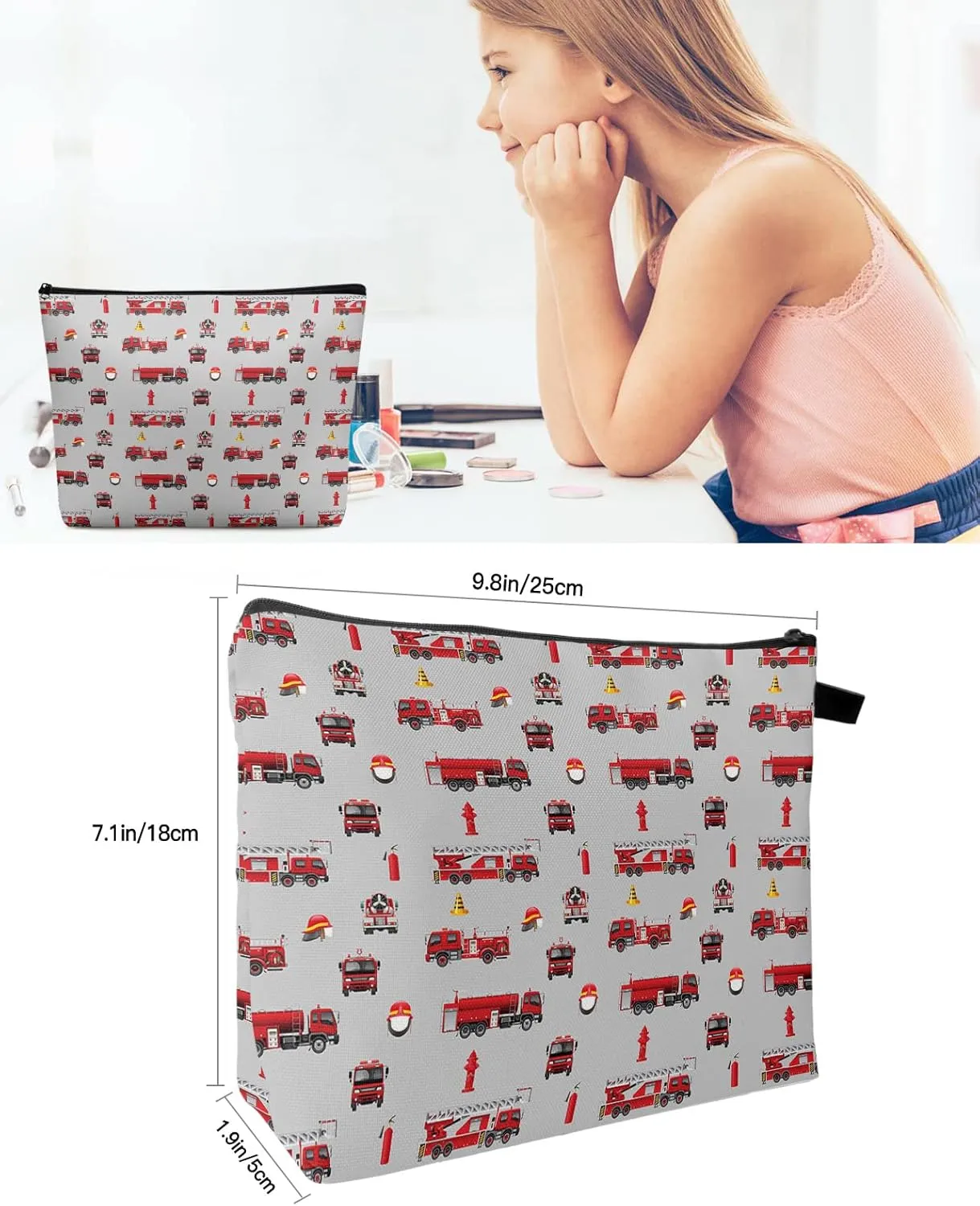 Cartoon Truck Makeup Bag - Large Capacity Travel Cosmetic Bag for Women Men, Red Fire Truck Grey Backdrop Makeup Organizer Bag Waterproof Hanging Toiletry Bag Makeup Bags 2Pack