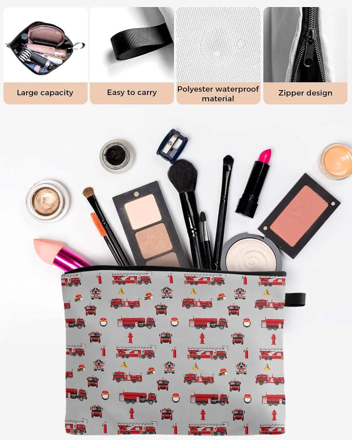 Cartoon Truck Makeup Bag - Large Capacity Travel Cosmetic Bag for Women Men, Red Fire Truck Grey Backdrop Makeup Organizer Bag Waterproof Hanging Toiletry Bag Makeup Bags 2Pack