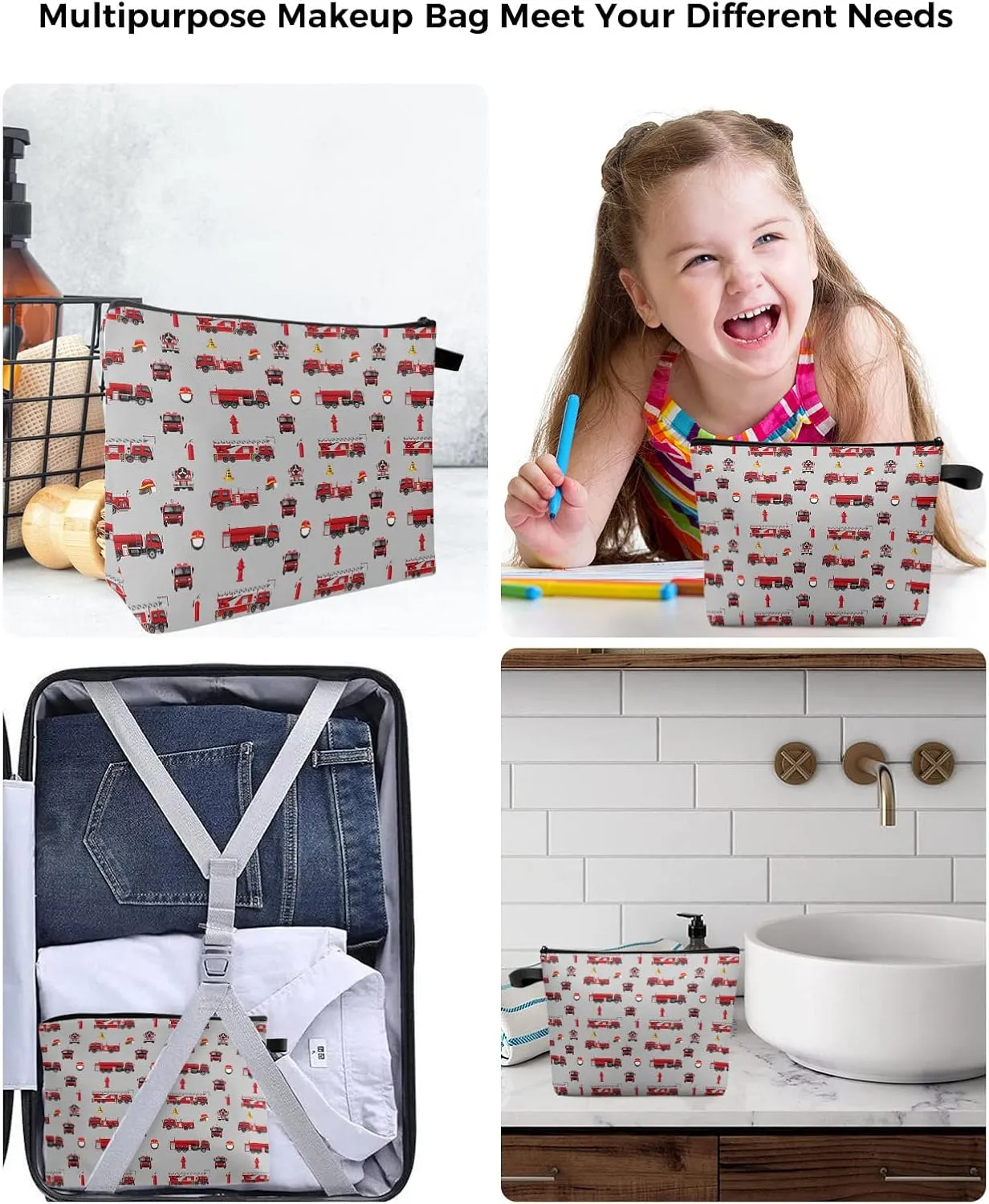 Cartoon Truck Makeup Bag - Large Capacity Travel Cosmetic Bag for Women Men, Red Fire Truck Grey Backdrop Makeup Organizer Bag Waterproof Hanging Toiletry Bag Makeup Bags 2Pack