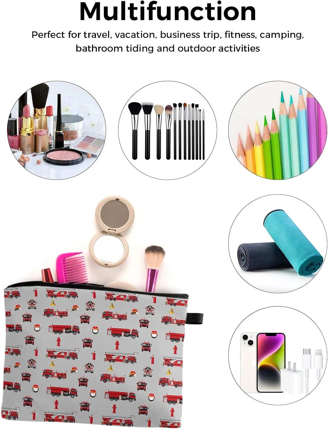Cartoon Truck Makeup Bag - Large Capacity Travel Cosmetic Bag for Women Men, Red Fire Truck Grey Backdrop Makeup Organizer Bag Waterproof Hanging Toiletry Bag Makeup Bags 2Pack