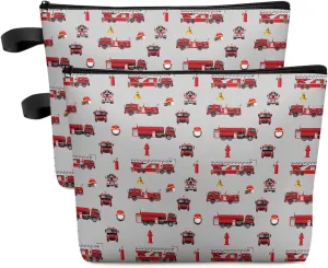 Cartoon Truck Makeup Bag - Large Capacity Travel Cosmetic Bag for Women Men, Red Fire Truck Grey Backdrop Makeup Organizer Bag Waterproof Hanging Toiletry Bag Makeup Bags 2Pack