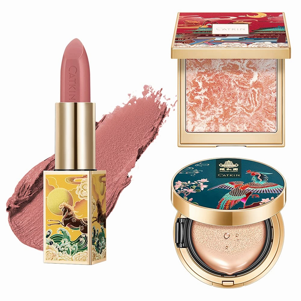 CATKIN 3Pcs Makeup Set Includes BB Cream Air Cushion Foundation C01, Matte Lipstick CO157 and Cheek Blush C04