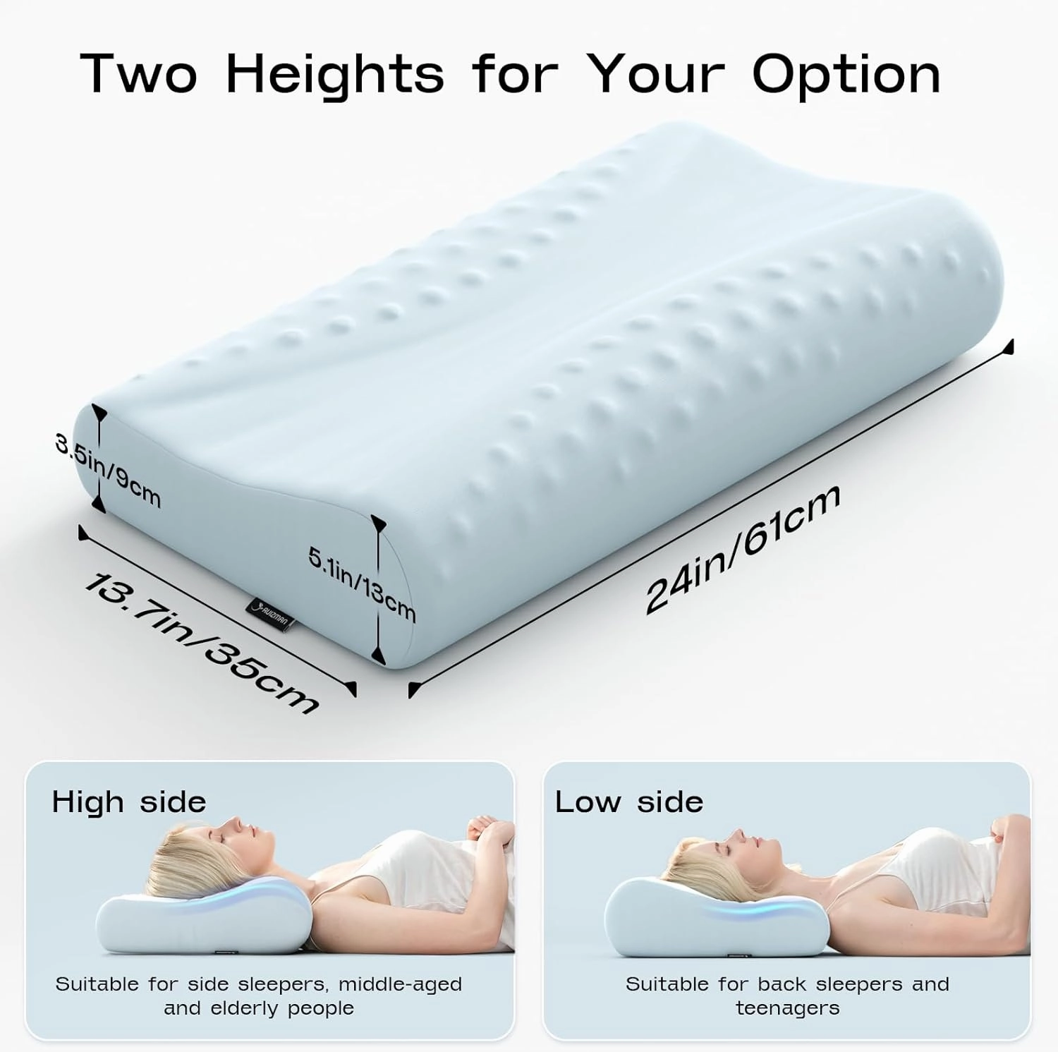 Cervical Neck Pillow for Sleeping - Patented Cooling Memory Foam Contour Pillow - 2 Heights Ergonomic Design for Side Back Stomach Sleepers (Light Blue)