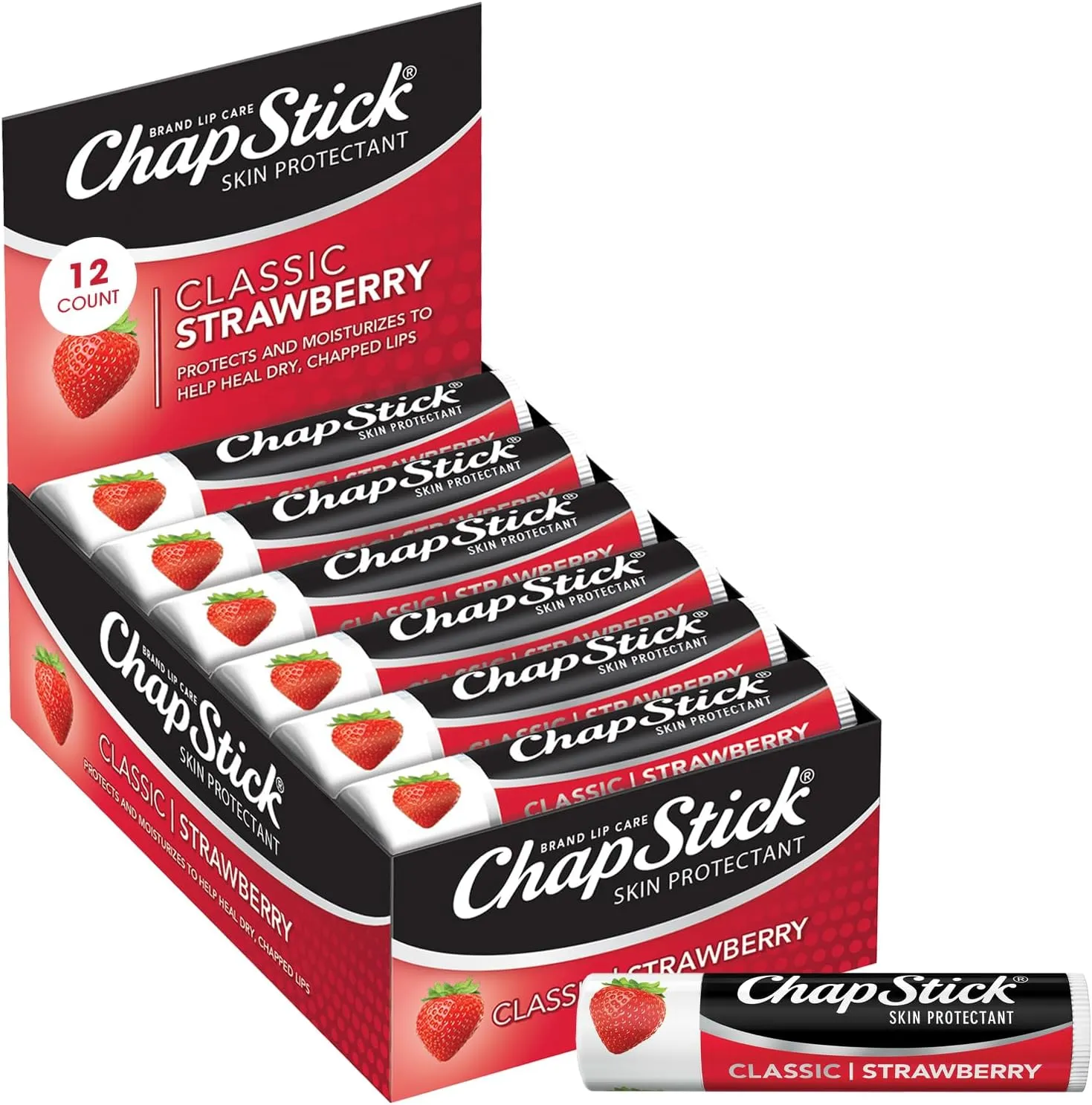 ChapStick Lip Care, Classic Strawberry 12-Count – Bulk Lip Balm, Fruity & Sweet, 0.15 Oz Ea