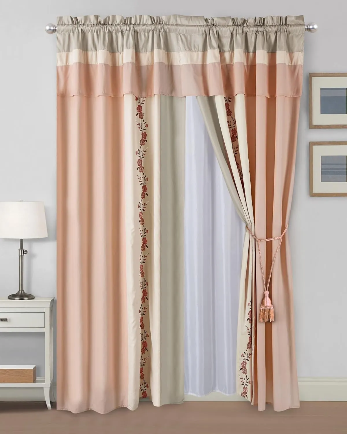 Chezmoi Collection Linnea 4-Piece Luxury Blush/Neutral/Taupe Cherry Blossom Floral Embroidery Window Curtain Panel Set with Sheer Backing Valance Tassels, 120 inch x 84 inch
