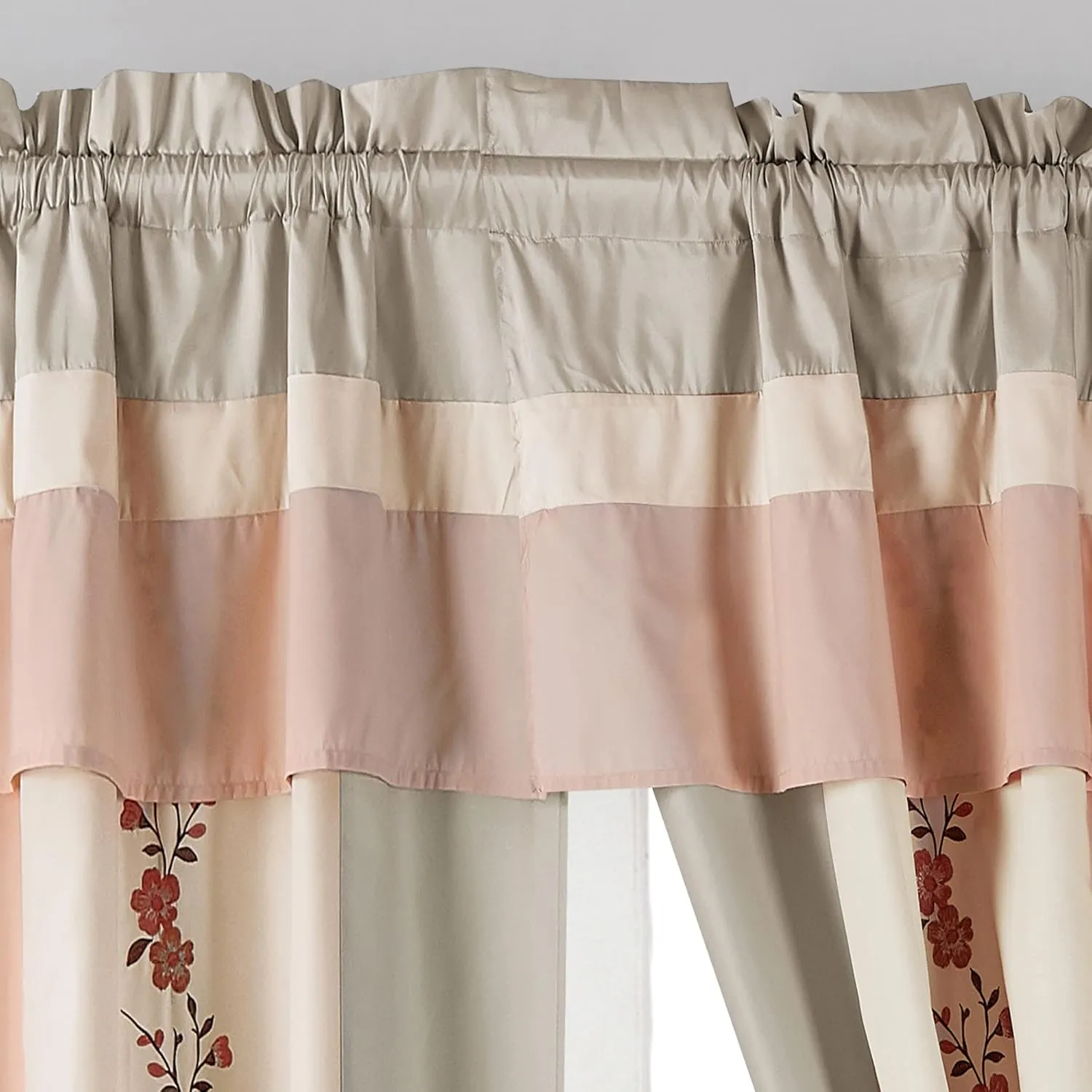 Chezmoi Collection Linnea 4-Piece Luxury Blush/Neutral/Taupe Cherry Blossom Floral Embroidery Window Curtain Panel Set with Sheer Backing Valance Tassels, 120 inch x 84 inch