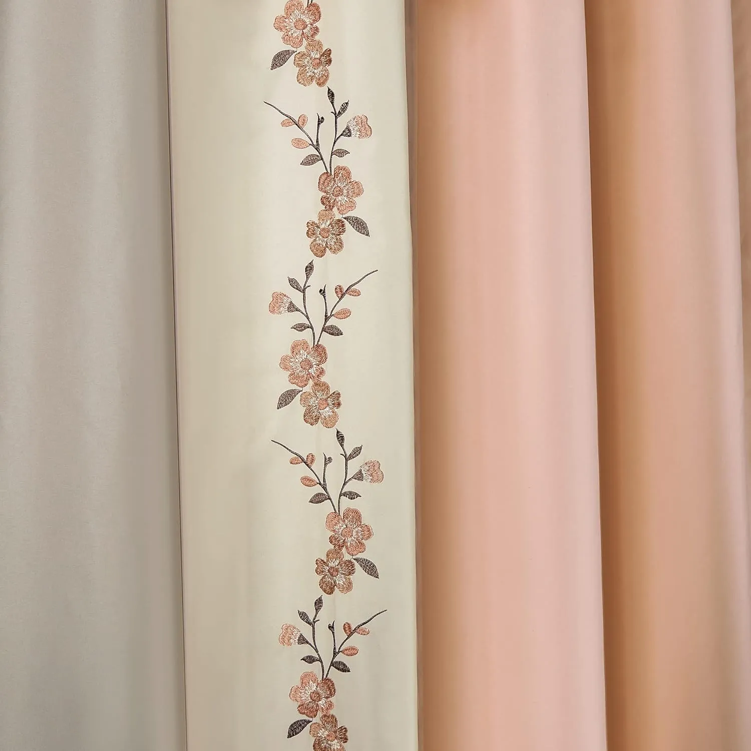 Chezmoi Collection Linnea 4-Piece Luxury Blush/Neutral/Taupe Cherry Blossom Floral Embroidery Window Curtain Panel Set with Sheer Backing Valance Tassels, 120 inch x 84 inch
