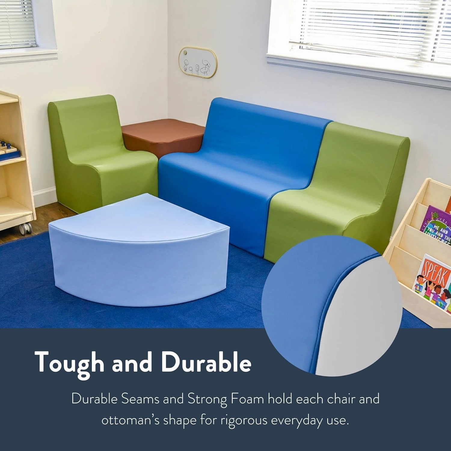 Children's Factory Medium Contour Chair, Mix-and-Match Kids Chairs, Sofas, Corner Ottomans and Cubes, Foam-Filled and Water-Resistant, Flexible Seating for Classroom Elementary, Green Chair