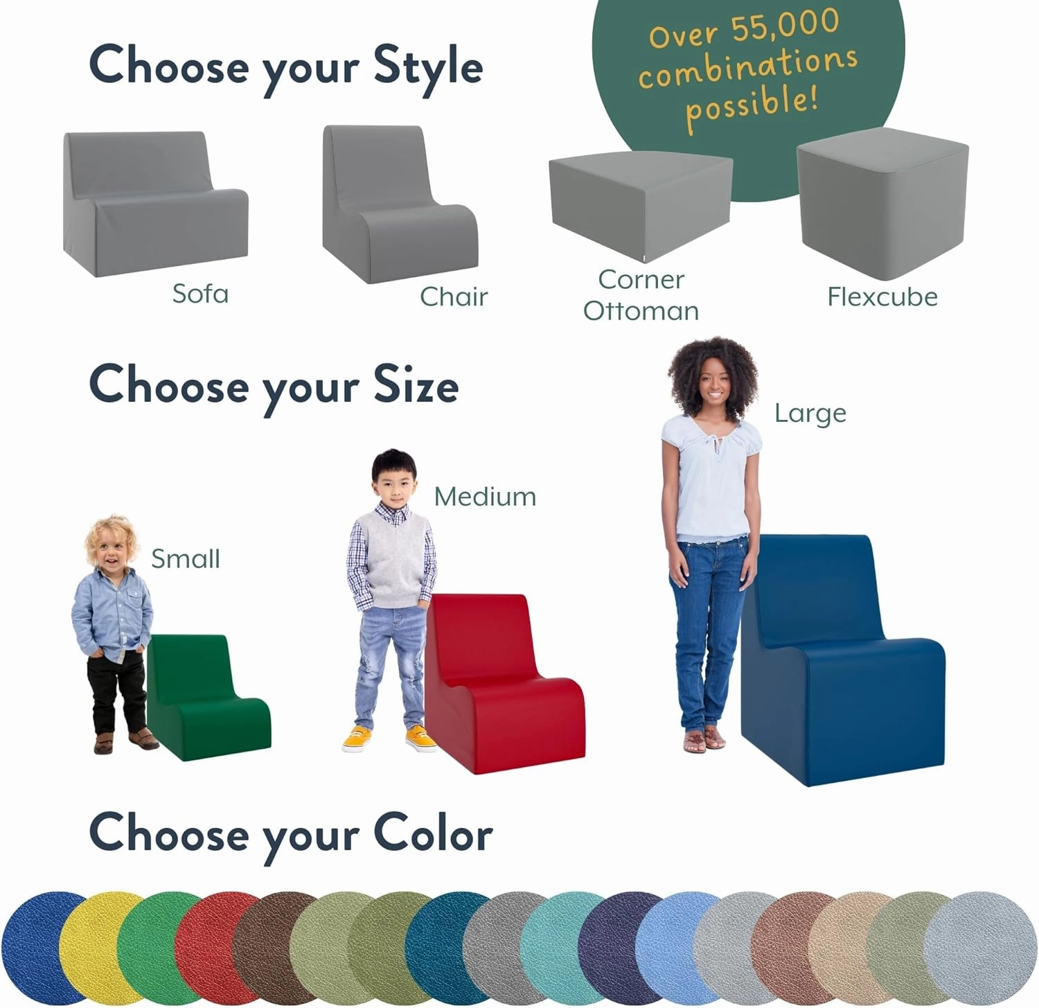 Children's Factory Medium Contour Chair, Mix-and-Match Kids Chairs, Sofas, Corner Ottomans and Cubes, Foam-Filled and Water-Resistant, Flexible Seating for Classroom Elementary, Green Chair