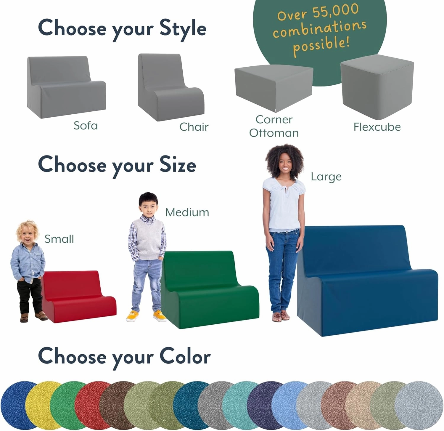 Children's Factory Medium Contour Sofa, Mix-and-Match Kids Chairs, Sofas, Corner Ottomans and Cubes, Foam-Filled and Water-Resistant, Flexible Seating for Classroom Elementary, Red Kids Couch