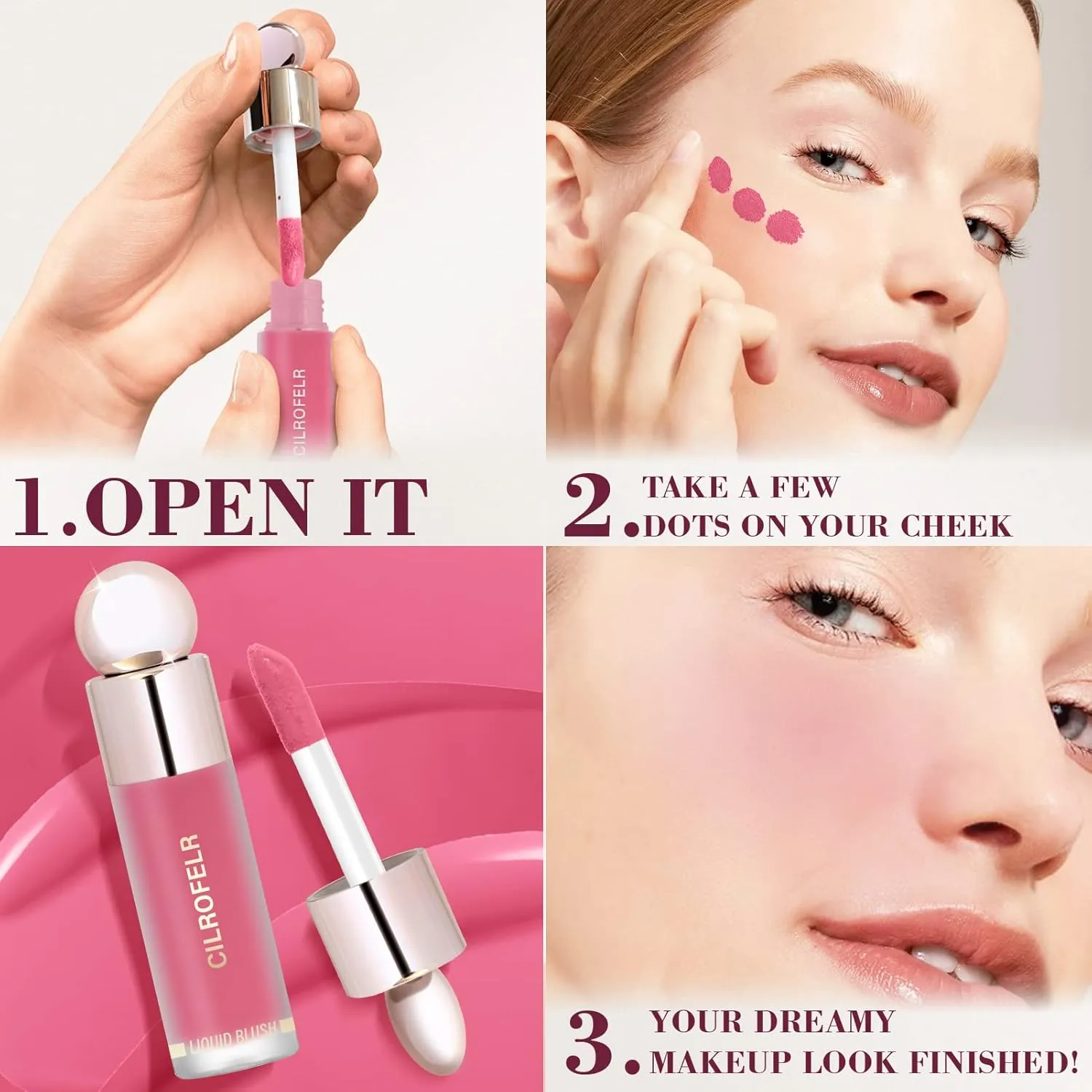Cilrofelr Dewy Liquid Blush, Soft Cream Liquid Blush for Cheek, Buildable & Blendable Pigment, Lightweight & Smooth Texture, Longwear Formula for a Soft, Natural Flush (05 Nude Peach)