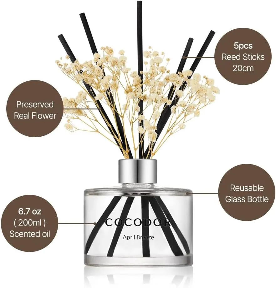 COCODOR Flower Reed Diffuser Set / 6.7oz / Dark Vanilla&Sandalwood/Scent Diffuser with Sticks Home Fragrance Reed Diffuser for Bathroom Shelf Decor