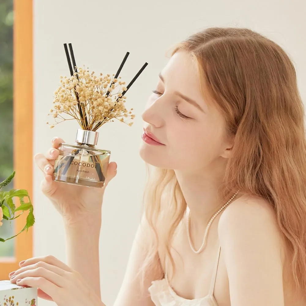 COCODOR Flower Reed Diffuser Set / 6.7oz / Dark Vanilla&Sandalwood/Scent Diffuser with Sticks Home Fragrance Reed Diffuser for Bathroom Shelf Decor