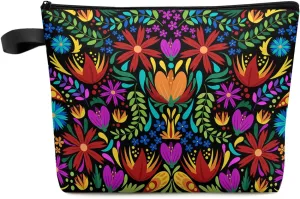 Colorful Spring Floral Makeup Bag - Large Capacity Travel Cosmetic Bag for Women Men, Ethnic Mexican Vibrant Colored Makeup Organizer Bag Waterproof Hanging Toiletry Bag Makeup Bags 1Pack