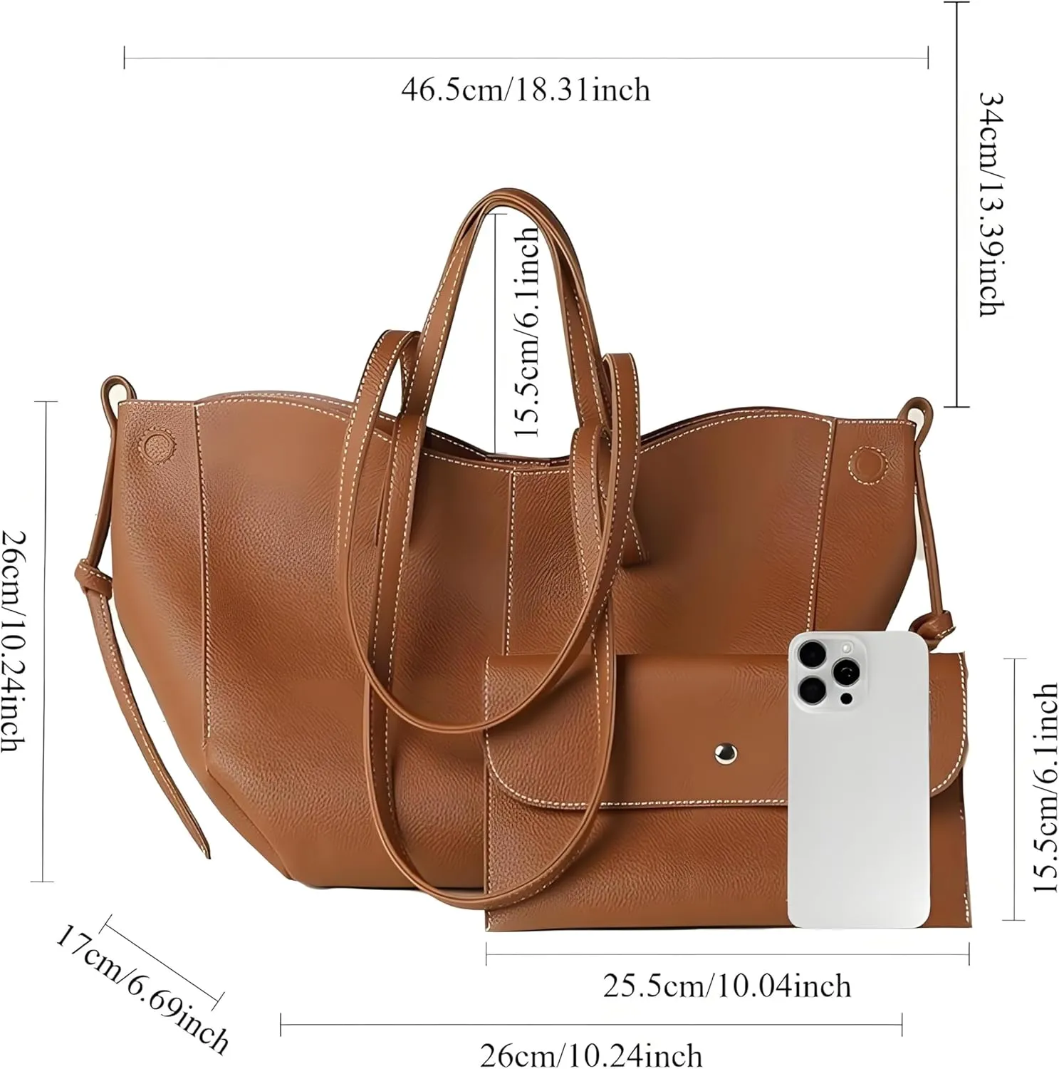 Comes with wallet and wing shaped tote bag, magnetic seal, synthetic leather, handheld and single shoulder (non adjustable)