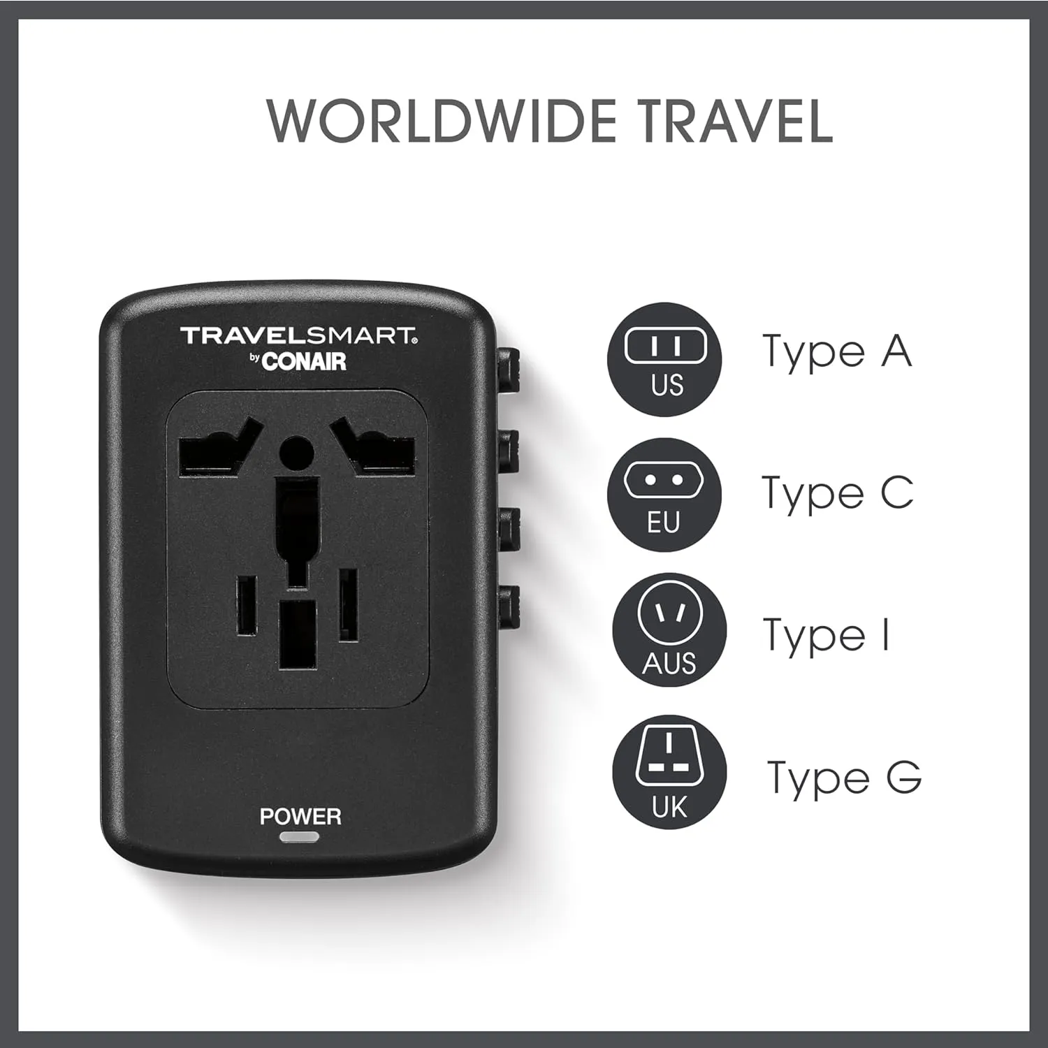 Conair Fast Charge Universal Travel Adapter - All-in-One European and Worldwide Travel Plug Adapter with Surge Protection - Includes USB C Port