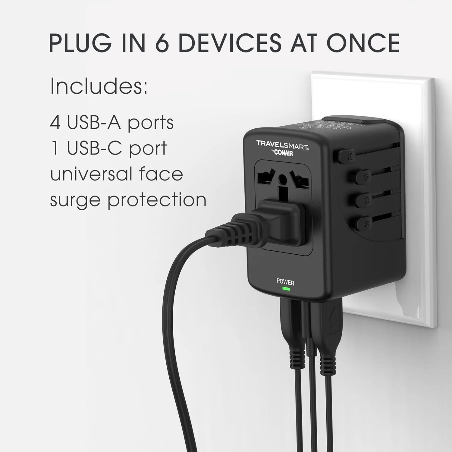 Conair Fast Charge Universal Travel Adapter - All-in-One European and Worldwide Travel Plug Adapter with Surge Protection - Includes USB C Port