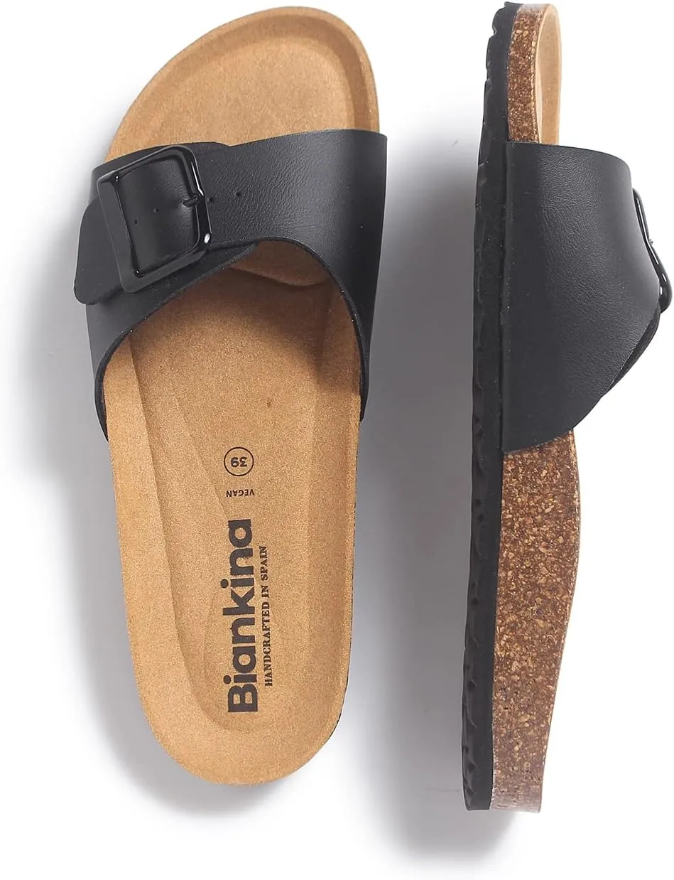 Cordoba Single Buckle Strap Bio Sandals for Women - Sustainable, Eco Friendly, Vegan Leather Sandals. Recycled Upper, Comfy Insole, Cork Midsole, EVA Sole. Made in Spain