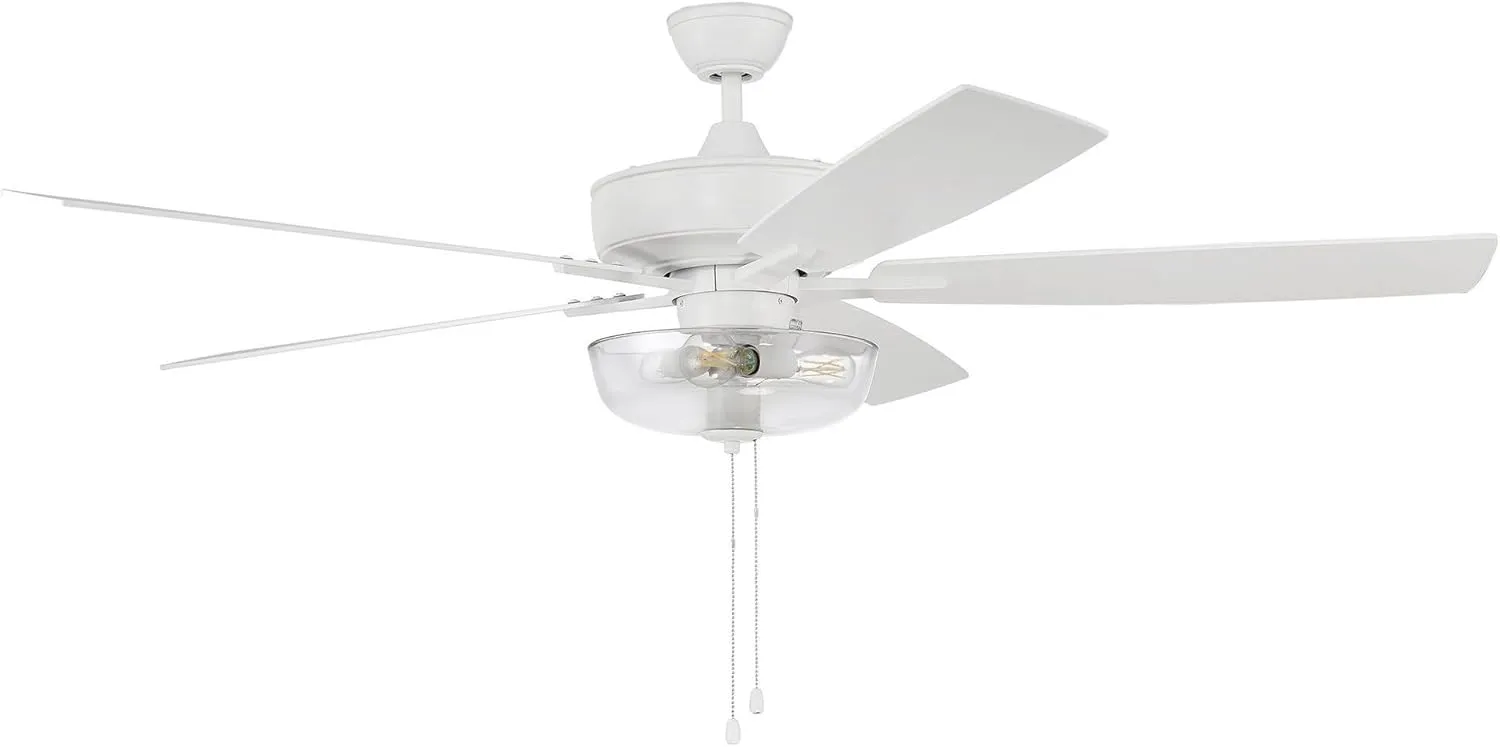 Craftmade S101W5-60WWOK Super Pro 60" Ceiling Fan with LED Lights & Pull Chain, 5 Reversible White/Washed Oak MDF Blades, White