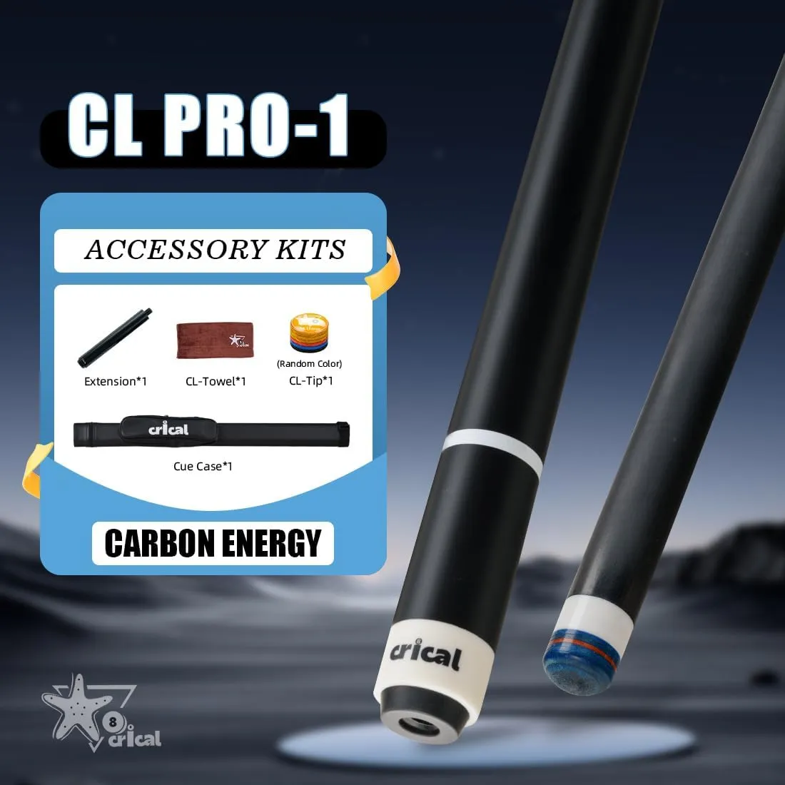 CRICAL Carbon Fiber Pool Cue Stick 58" Billiard Cue Sticks Professional Low Deflection Pool Sticks with 3/8 * 8 Pin Joint and 12.5mm Tip