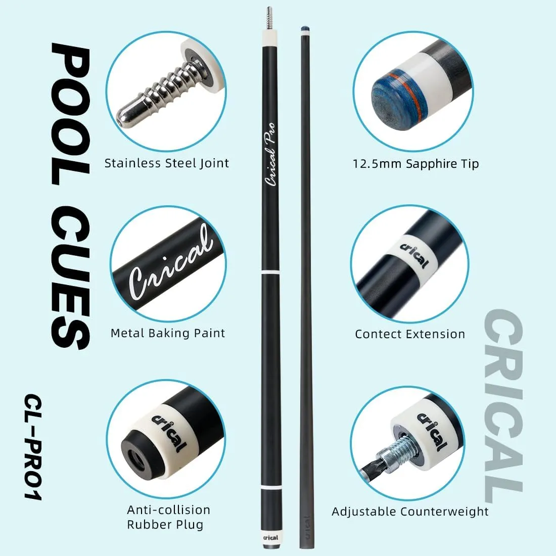 CRICAL Carbon Fiber Pool Cue Stick 58" Billiard Cue Sticks Professional Low Deflection Pool Sticks with 3/8 * 8 Pin Joint and 12.5mm Tip
