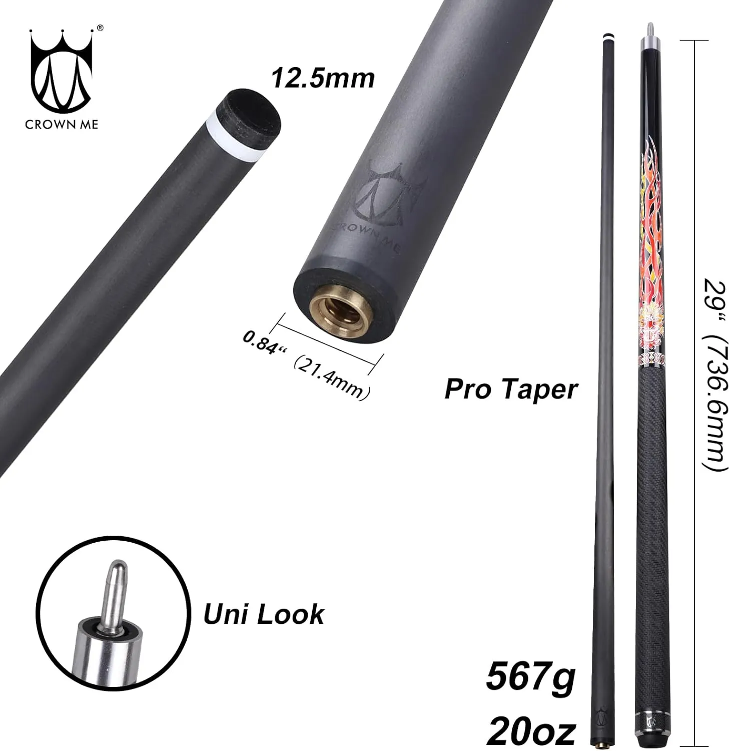 CROWN ME Carbon Fiber Pool Cue Stick, 12.5mm Tip Soft Grip Billiard Carbon Fiber cue, Weight 20OZ Cue Stick, 58" Pool Table Sticks