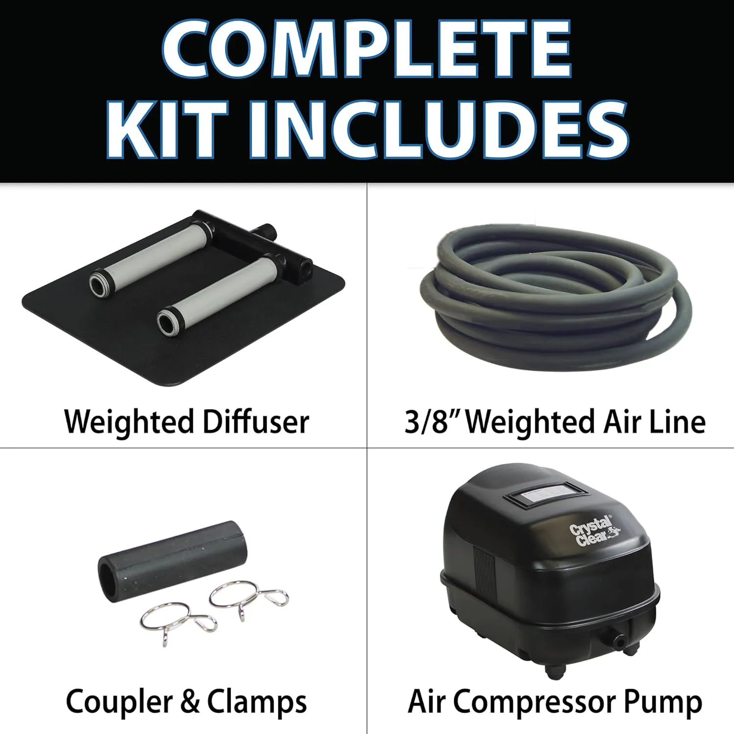 CrystalClear KoiAir 2, Complete Pond Aeration Kit, Water Garden Oxygenation Bubbler System Adds Oxygen to Koi & Fish Ponds, Outdoor Diaphragm Compressor Pump, Air Line & 2 Submersible Diffuser Sticks