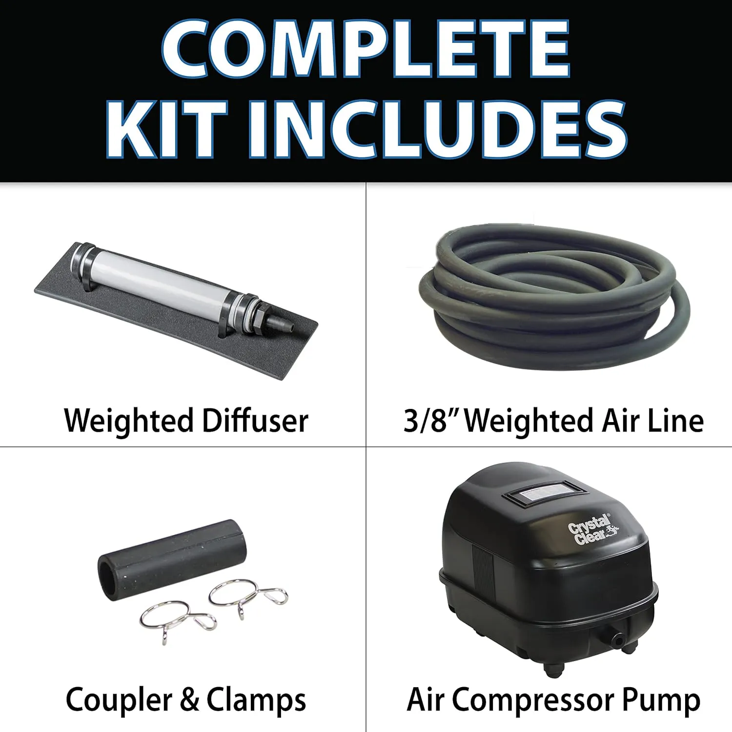 CrystalClear KoiAir Mini, Complete Pond Aeration Kit, Water Garden Oxygenation Bubbler System Adds Oxygen to Koi & Fish Ponds, Outdoor Diaphragm Compressor Pump, Air Line & Submersible Diffuser Stick