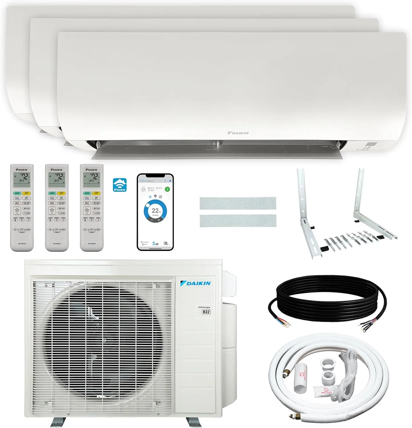 Daikin 24,000 BTU 21SEER2 3-Zone Mini Split Air Conditioner Heat Pump System R32 with Maxwell 15 ft. Installation Kit and Wall Mounting Bracket (9,000 BTU   12,000 BTU   12,000 BTU)