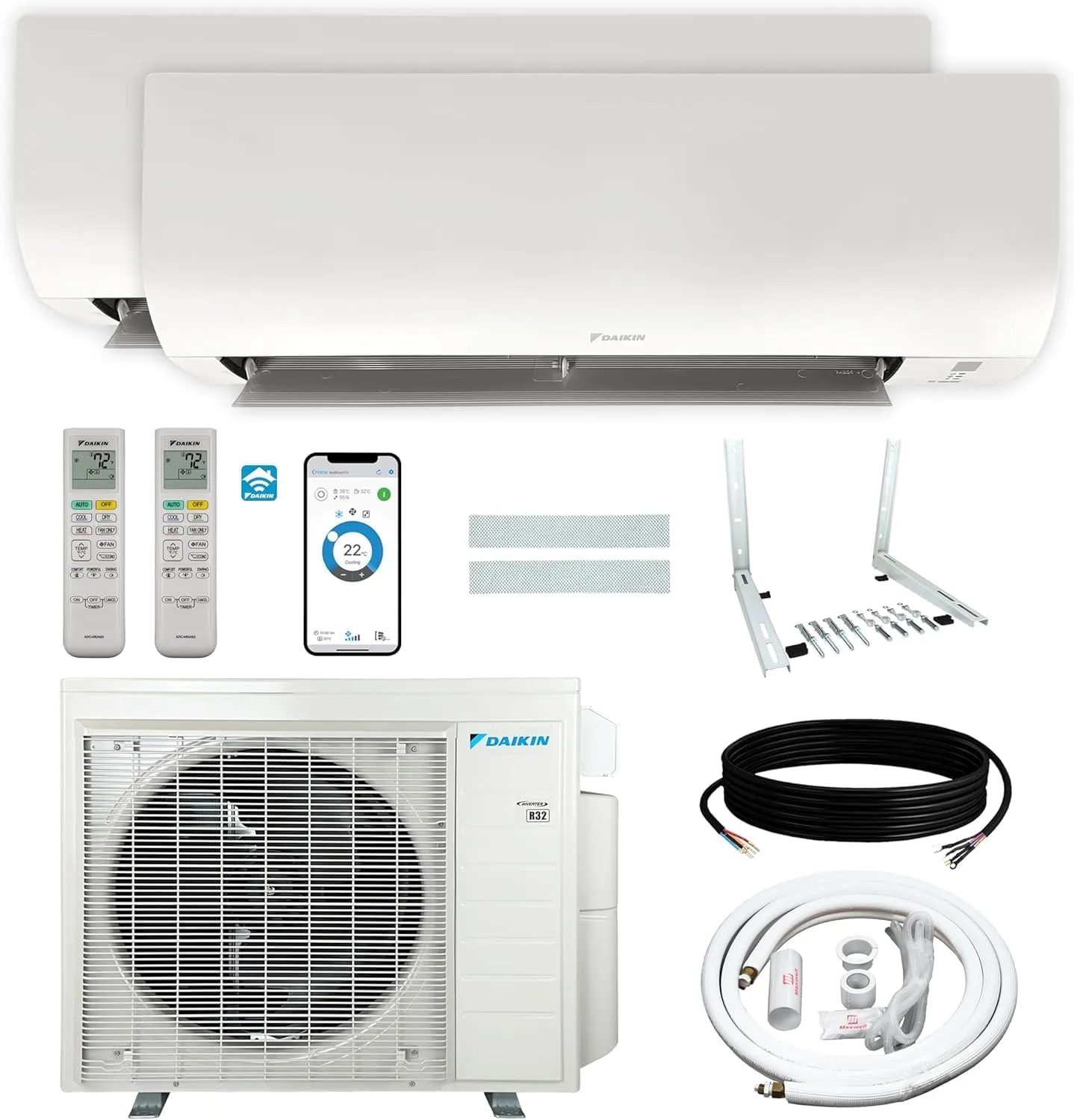 Daikin 24,000 BTU (9K   18K) 21SEER2 Dual Zone Mini Split Wi-Fi Enabled Air Conditioner Heat Pump R-32 System with Maxwell 15 ft. Installation Kit and Wall Mounting Bracket