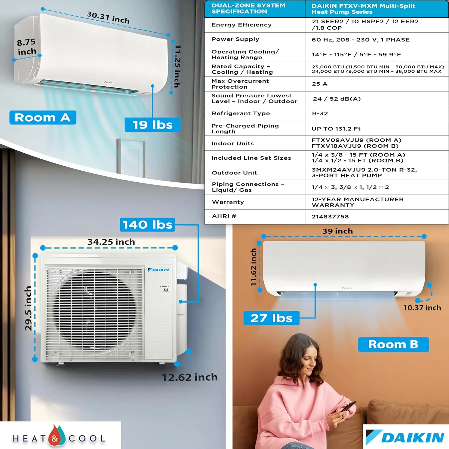 Daikin 24,000 BTU (9K   18K) 21SEER2 Dual Zone Mini Split Wi-Fi Enabled Air Conditioner Heat Pump R-32 System with Maxwell 15 ft. Installation Kit and Wall Mounting Bracket