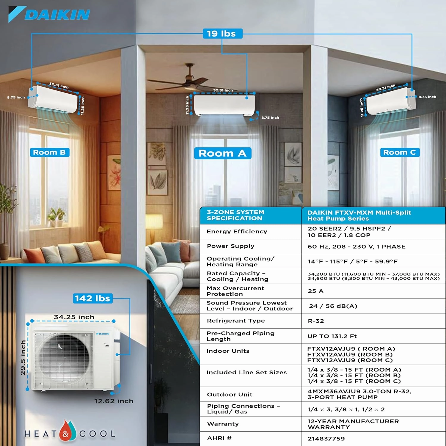 Daikin 36,000 BTU (12K   12K   12K) 20 SEER2 3-Zone Mini Split Wi-Fi Enabled Air Conditioner Heat Pump R-32 System with Maxwell 15 ft. Installation Kits and Wall Mounting Bracket