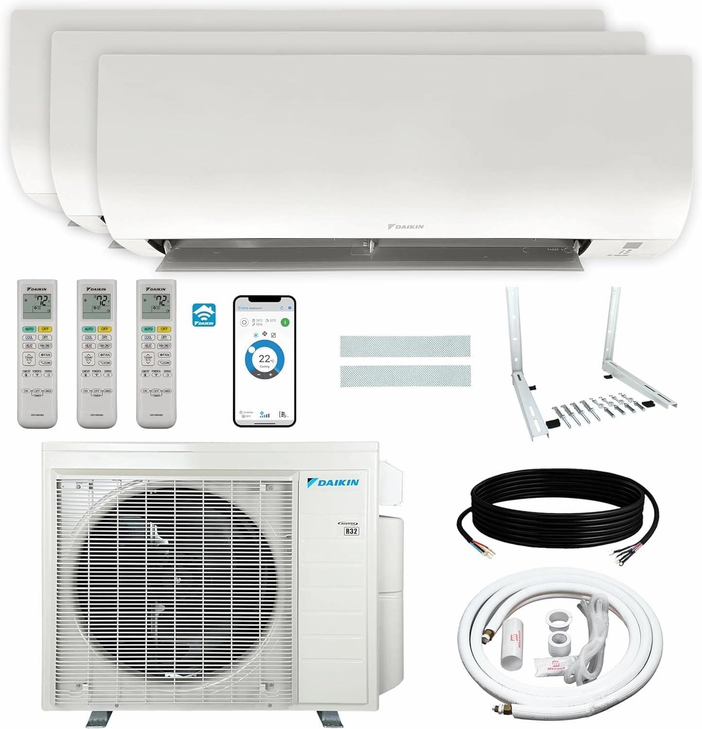 Daikin 36,000 BTU (12K   12K   12K) 20 SEER2 3-Zone Mini Split Wi-Fi Enabled Air Conditioner Heat Pump R-32 System with Maxwell 15 ft. Installation Kits and Wall Mounting Bracket