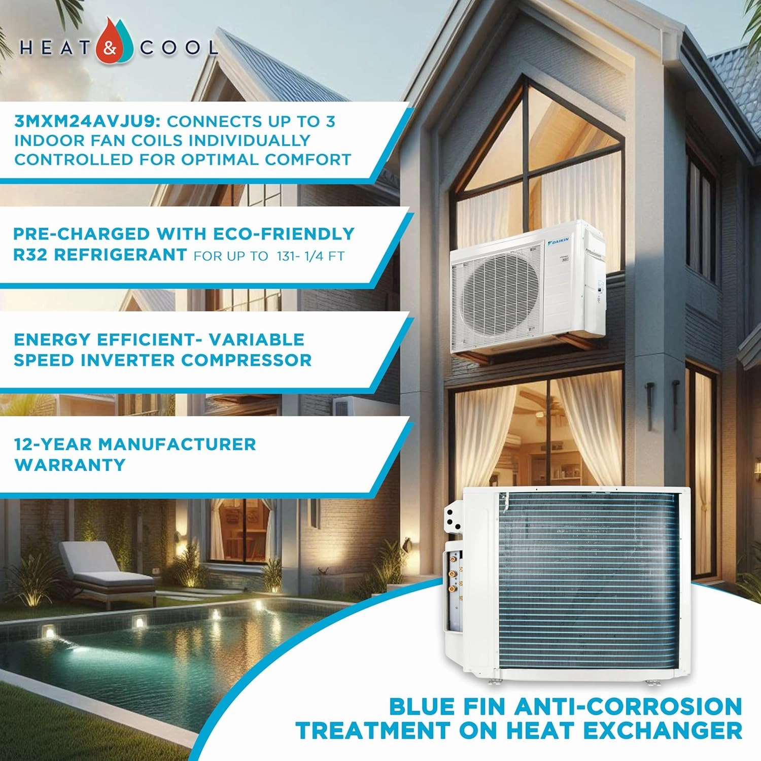 Daikin 36,000 BTU (12K   12K   12K) 20 SEER2 3-Zone Mini Split Wi-Fi Enabled Air Conditioner Heat Pump R-32 System with Maxwell 15 ft. Installation Kits and Wall Mounting Bracket