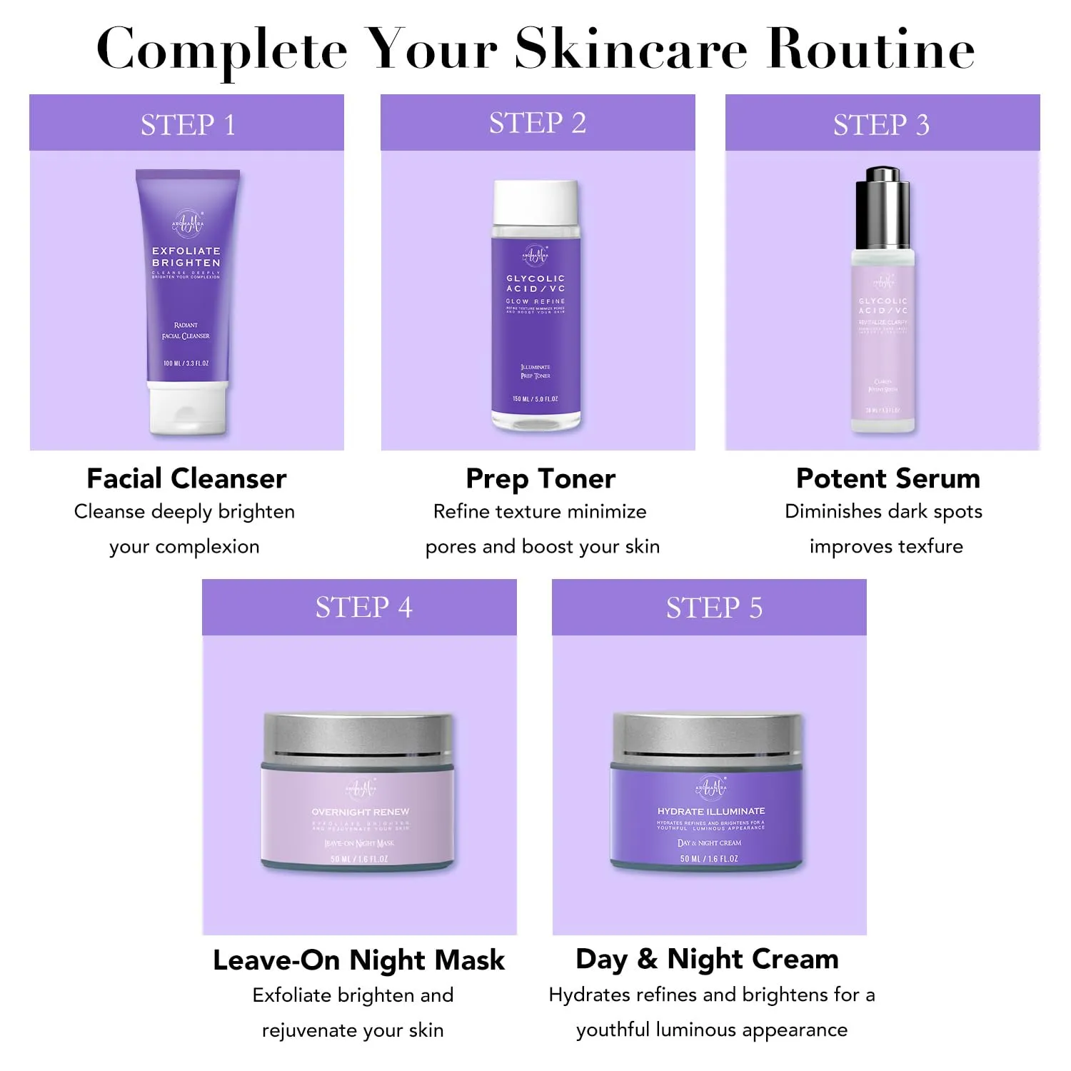 Daily Essential Skincare Set, Glycolic Acid Vitamin C Facial Skin Care Sets & Kits, 5 In 1 Skin Care Gifts for Women w/Exfoliates Face Wash, Toner, Serum, Moisturizer, and Mask, Vegan & Cruelty-Free